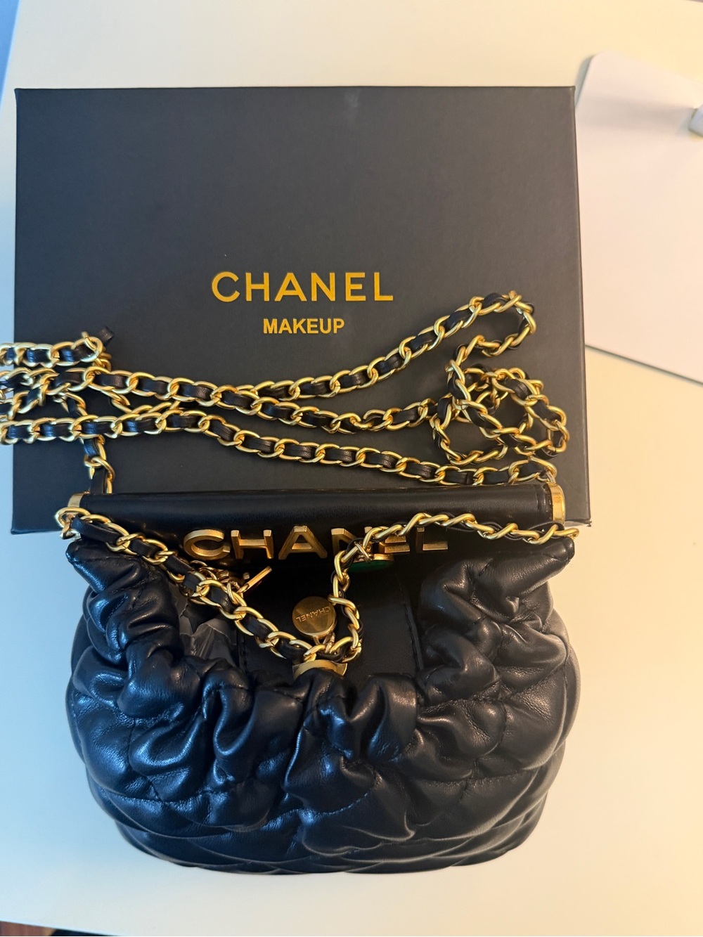 Chanel Beauty GWP Black Quilted Cosmetic Bag Chain With Charms original Box New - Picture 3 of 16